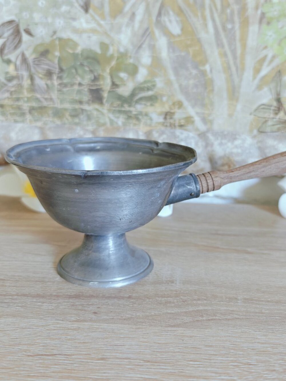 Antique English Pewter Footed Porringer Warming Bowl Wooden Handle & Tudor Rose